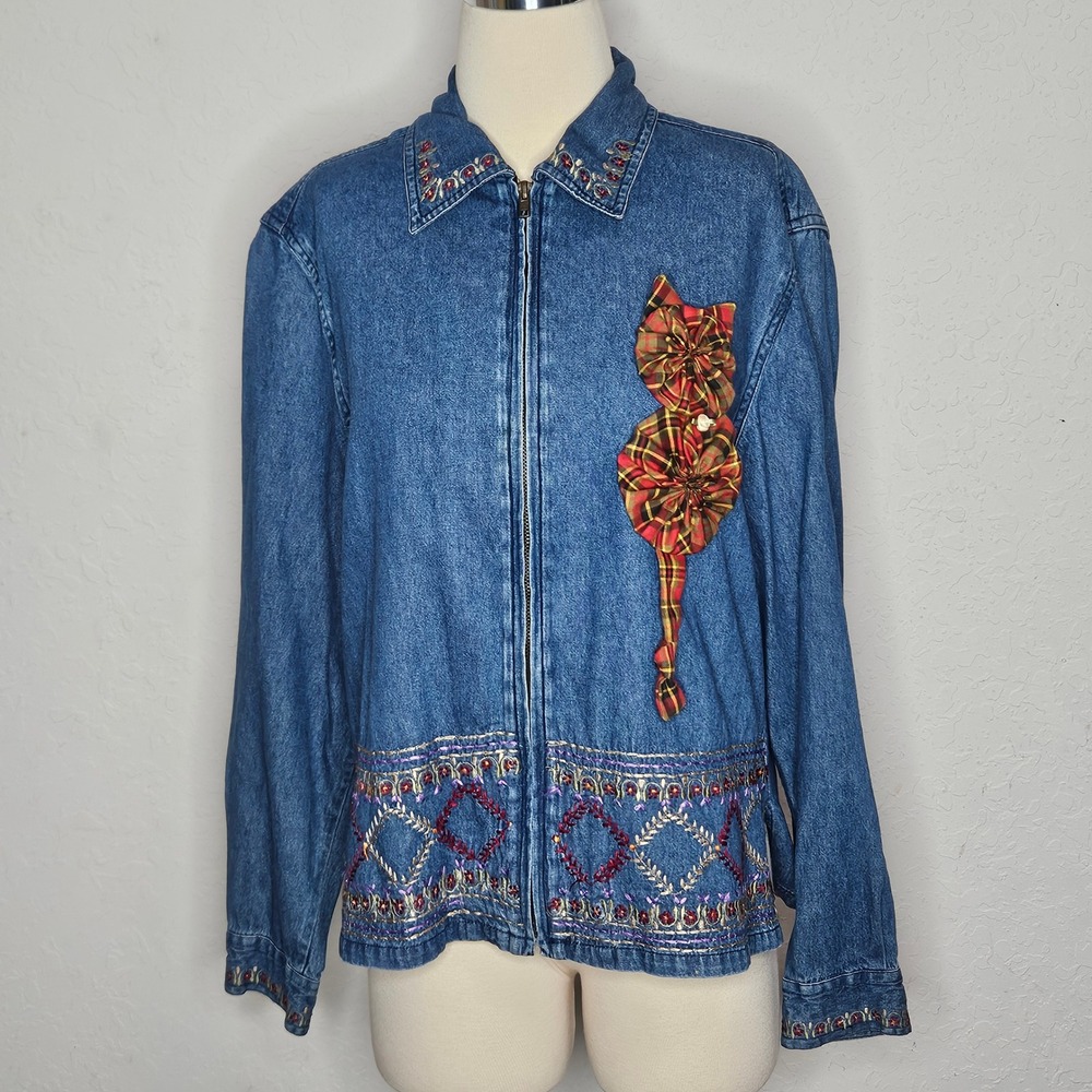 Tantrum Blues Vintage Embroidered Denim Jacket Plaid Cat Applique Blue Large
